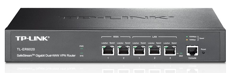 TP-Link TL-ER6020 SafeStream Gigabit Dual-WAN VPN Router 2 Gigabit WAN ports 2 Gigabit LAN ports 1 Gigabit LAN/DMZ port 1 console port 50 IPsec VPN - Straight Forward AV and IT