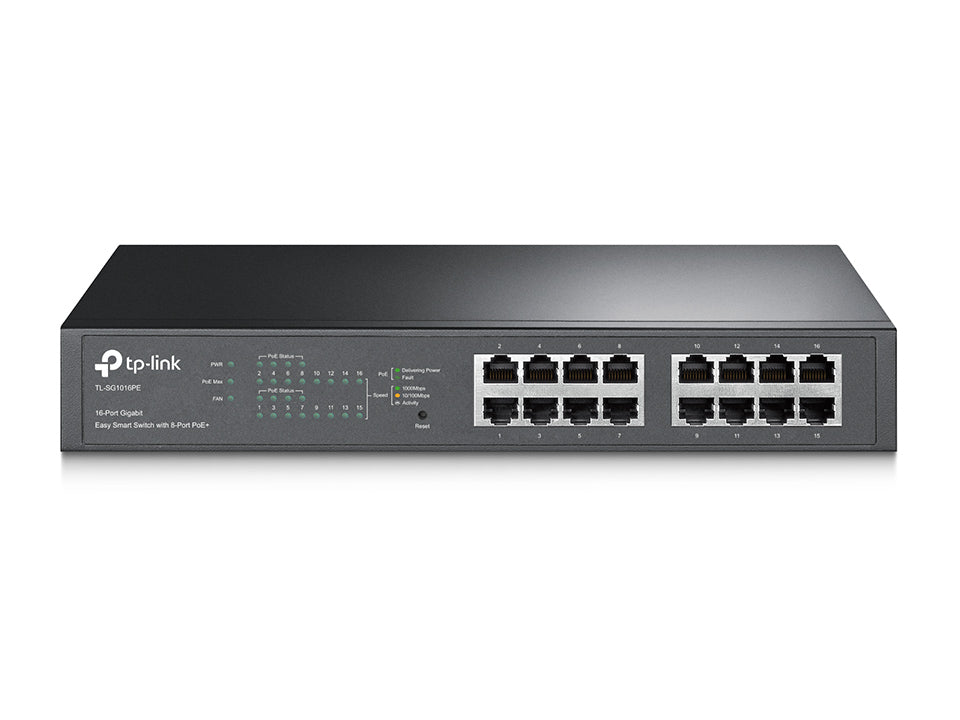 TP-Link TL-SG1016PE 16-Port Gigabit Desktop/Rackmount Switch with 8-Port PoE+ 32Gbps IEEE 802.3af/at Priority Function Mac Address Auto-Learning - Straight Forward AV and IT