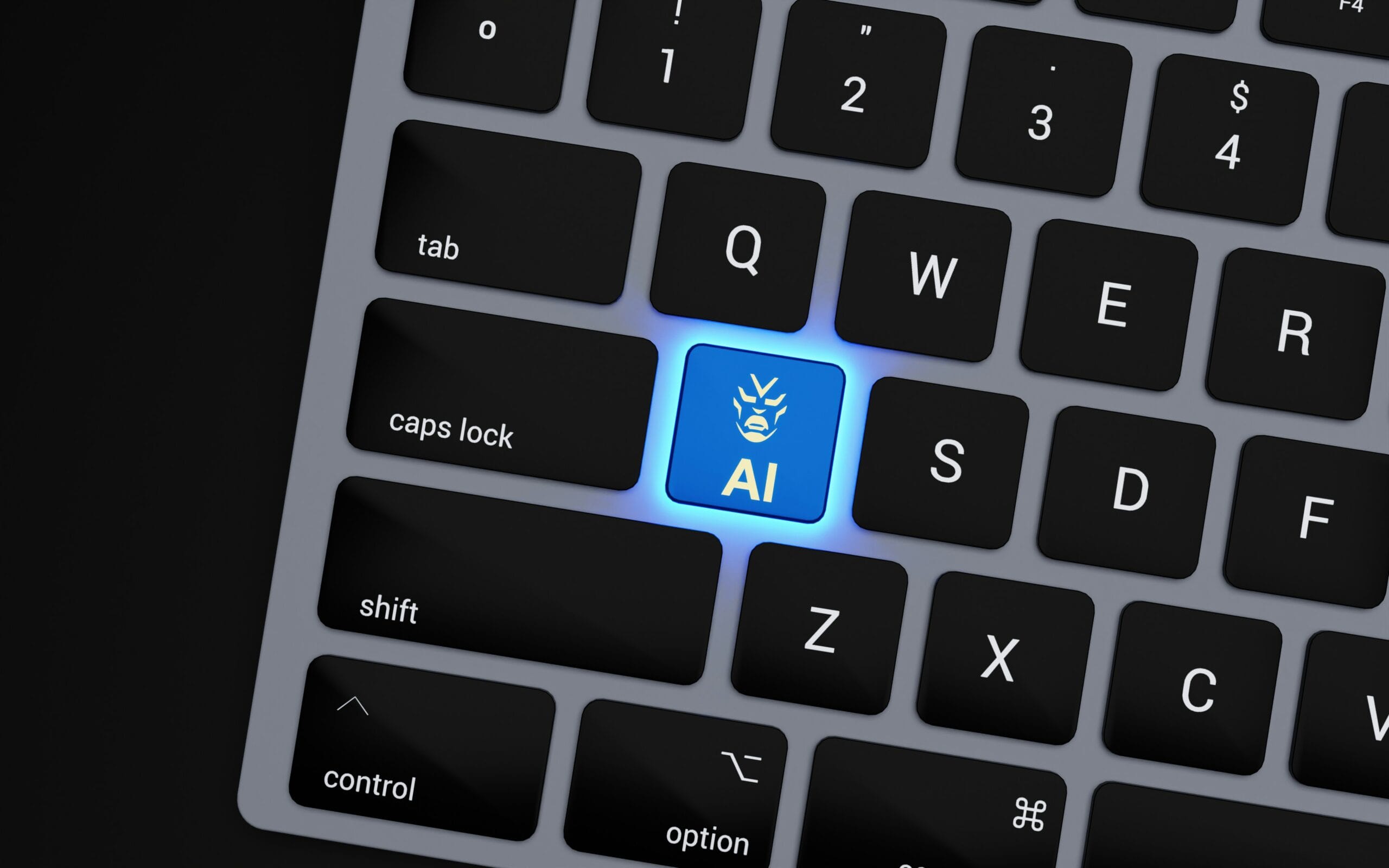 a-close-up-of-a-keyboard-with-a-blue-button