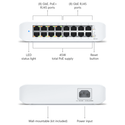 UniFi Switch Lite 16 PoE USW-Lite-16-PoE front view showing 16 ports