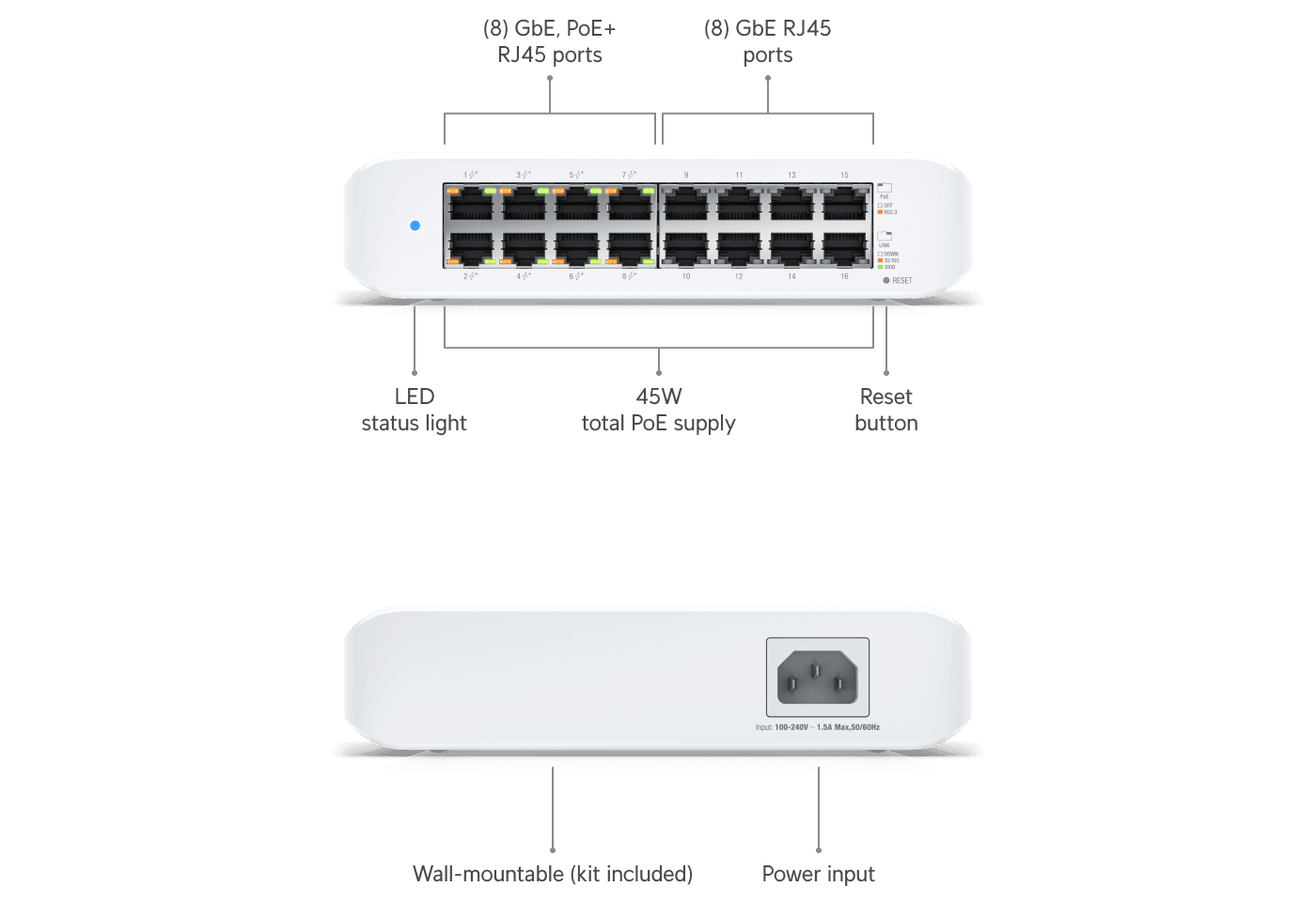 UniFi Switch Lite 16 PoE USW-Lite-16-PoE front view showing 16 ports
