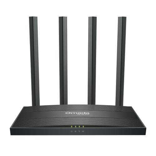 TP-Link ER605W Omada AC1200 Gigabit Wi-Fi Gateway front view showing four external antennas and status LEDs