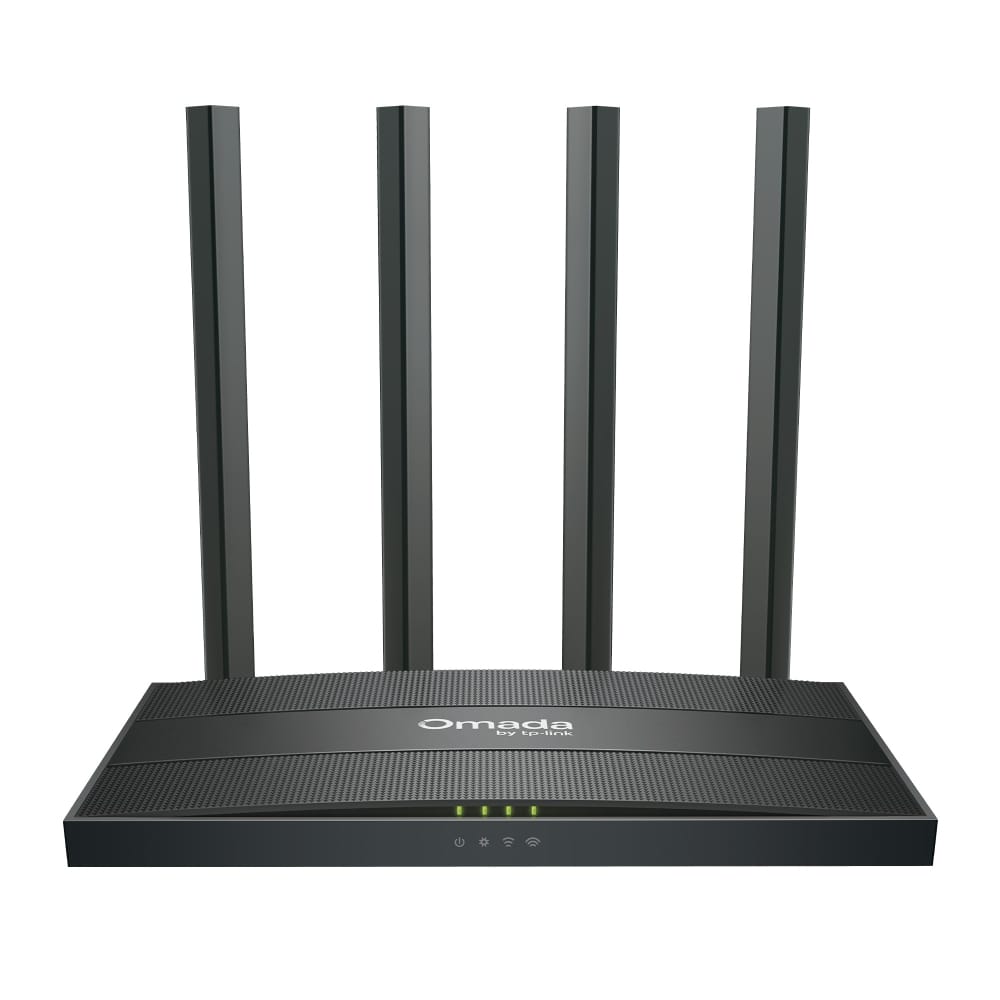 TP-Link ER605W Omada AC1200 Gigabit Wi-Fi Gateway front view showing four external antennas and status LEDs