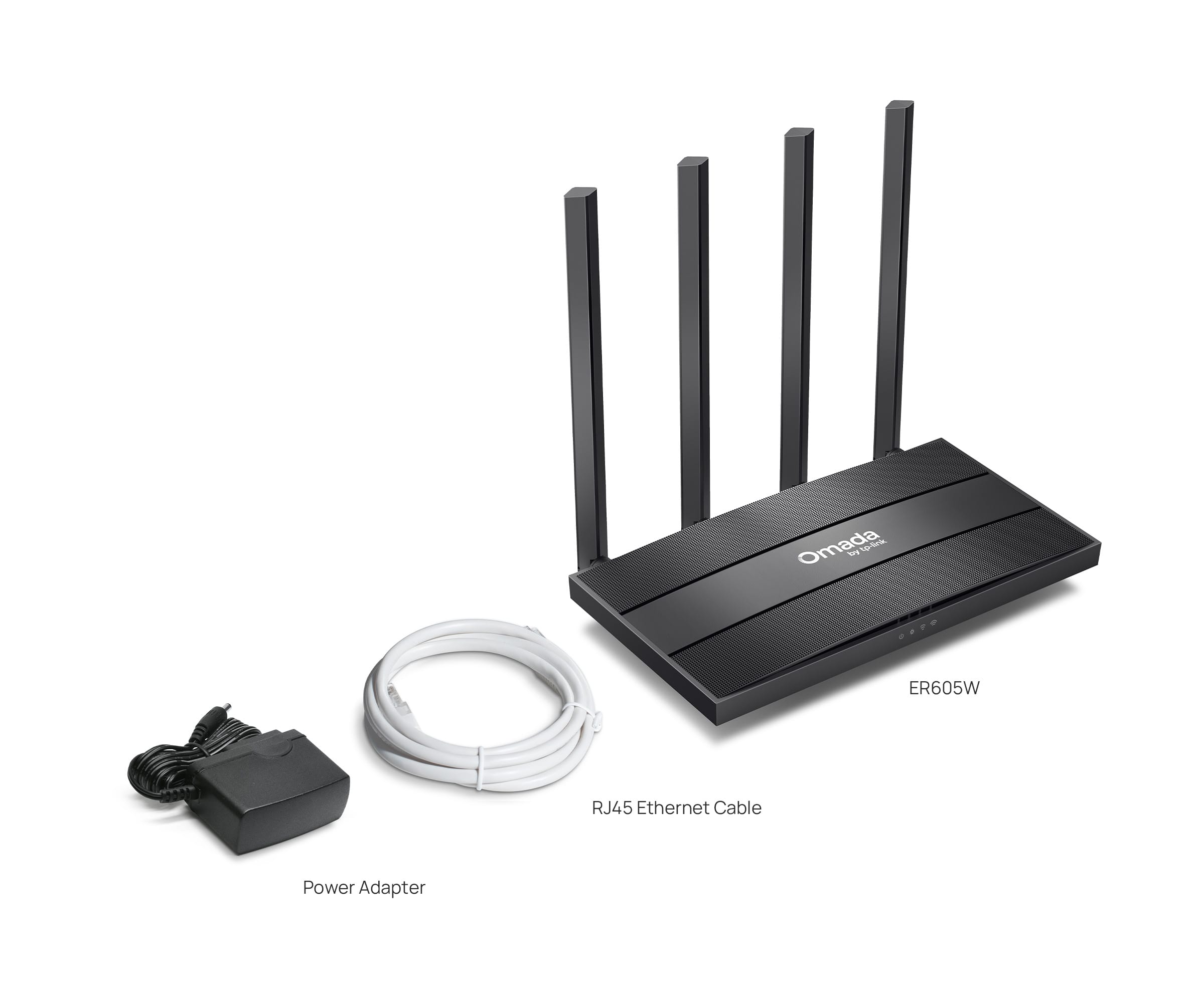 TP-Link ER605W package contents showing gateway unit, power adapter, Ethernet cable, and quick installation guide