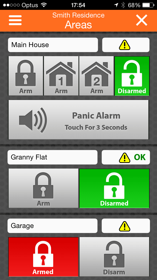 iFob Control app part areas screen showing partial arm modes