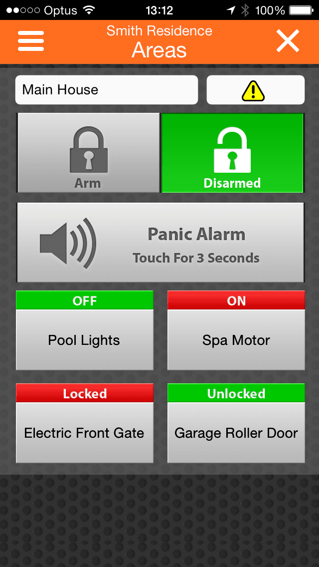 iFob Control app areas screen showing alarm zone status and arm/disarm controls