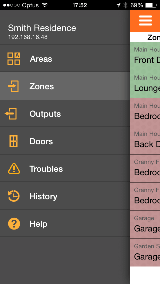 iFob Control app navigation drawer menu showing available functions