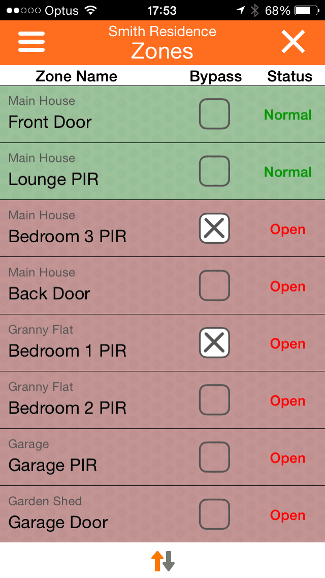iFob Control app zones screen displaying individual sensor status